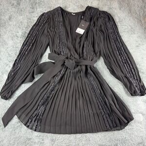 The‎ Kooples Black Pleated Lace Trimmed Wrap V Neck Long Sleeve Dress Size 0